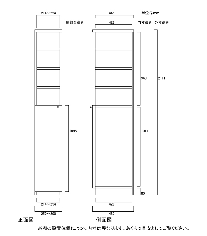 世界の フラット扉壁収納 高さ２１１．１ｃｍ幅２５〜２９ｃｍ奥行４６ｃｍ厚棚板 棚板厚み2.5cm 上下共片開き 左開き 右開き  フラット扉付応接間本棚