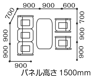 MPシリーズパーティーション全面半透明・縦半透明・上部半透明・全面布組合せレイアウト例平面図拡大画像 MPシリーズパーティーションイメージ画像