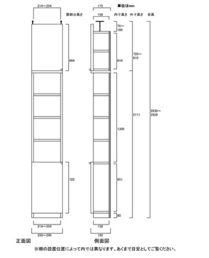 天井突っ張り薄型木製棚　寸法図