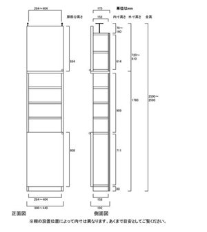 天井突っ張り薄型木製棚　寸法図